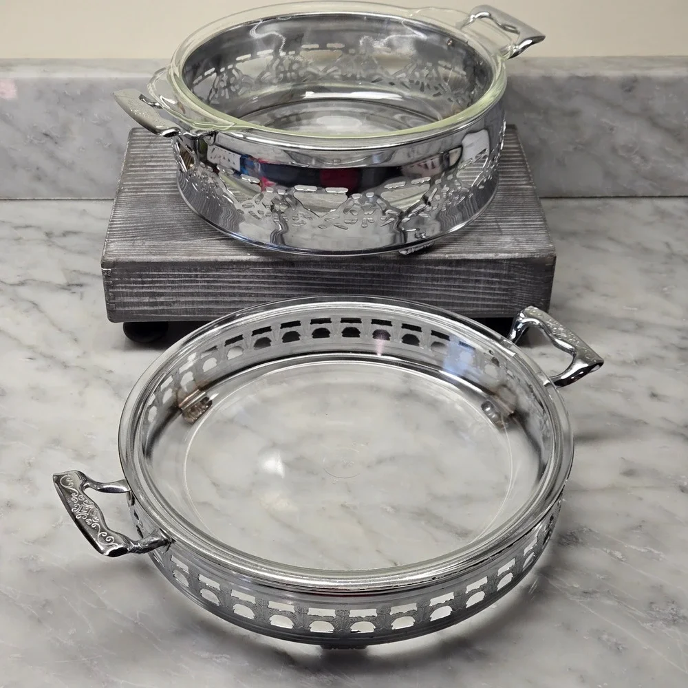 Vintage Fire-King and Pyrex Casserole Set with Silver Plated Filigree Carriers